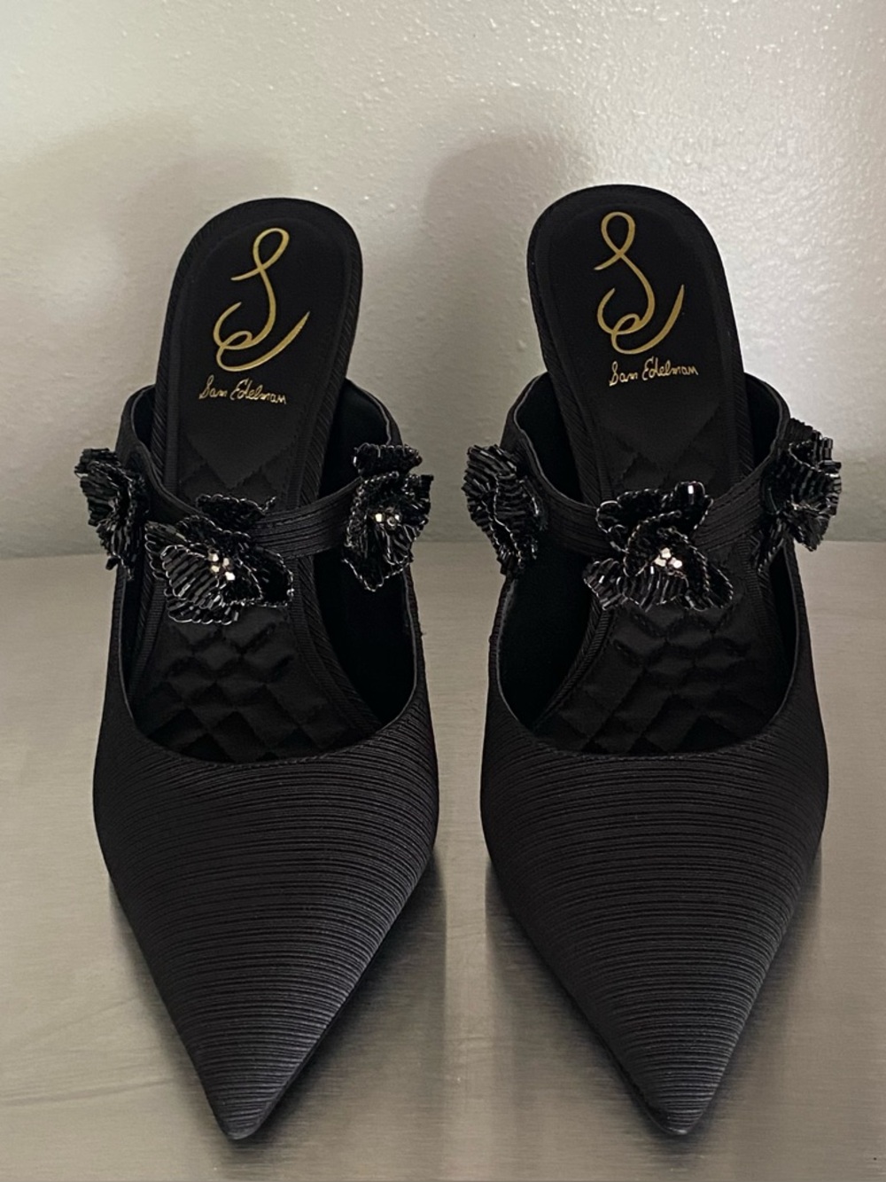 NEW-SAM EDELMAN WOMENS BLACK FLORAL JEWELED EMBELLISHED POINTED TOE MULES
